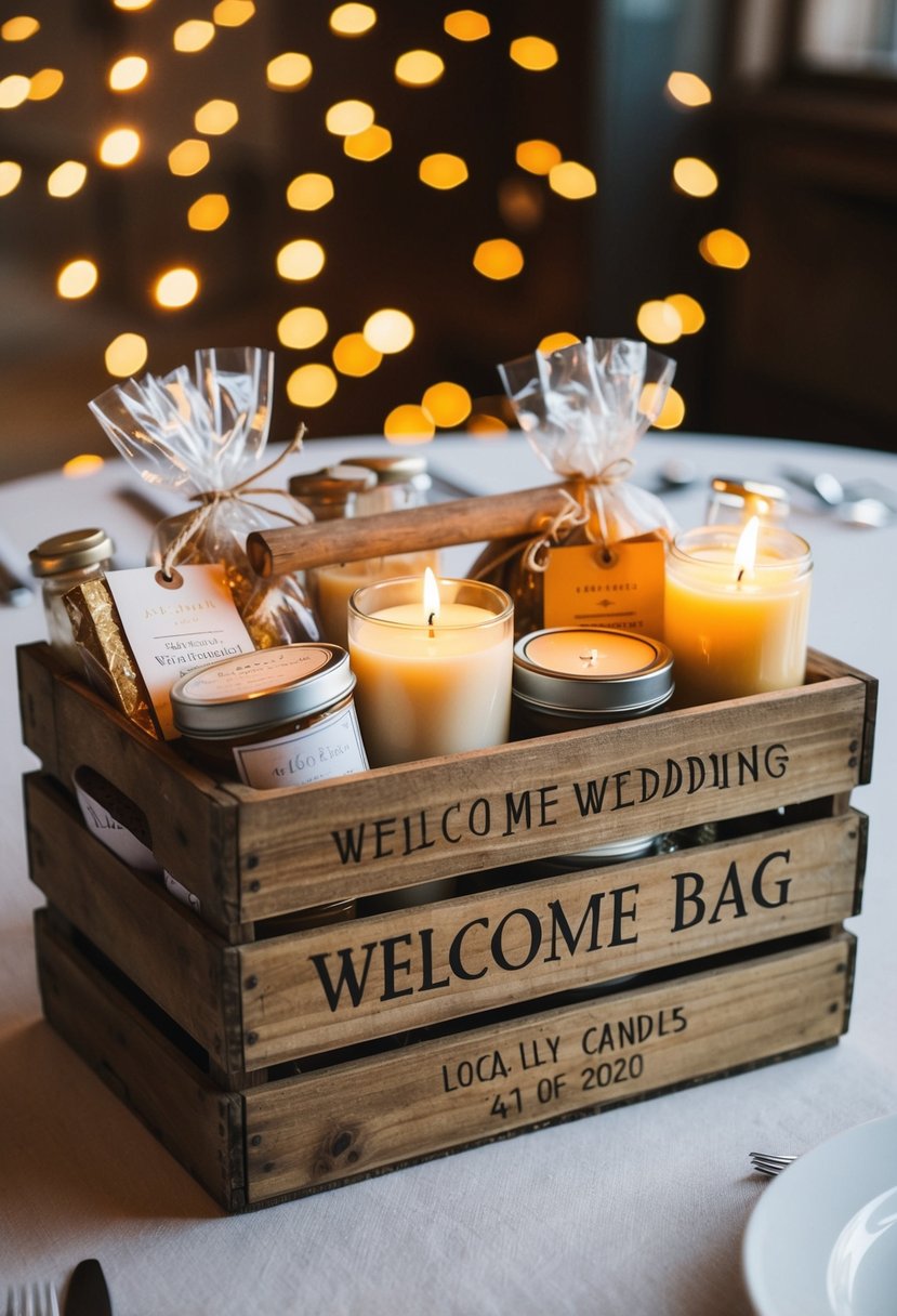 A rustic wooden crate filled with locally-made candles and other wedding welcome bag goodies