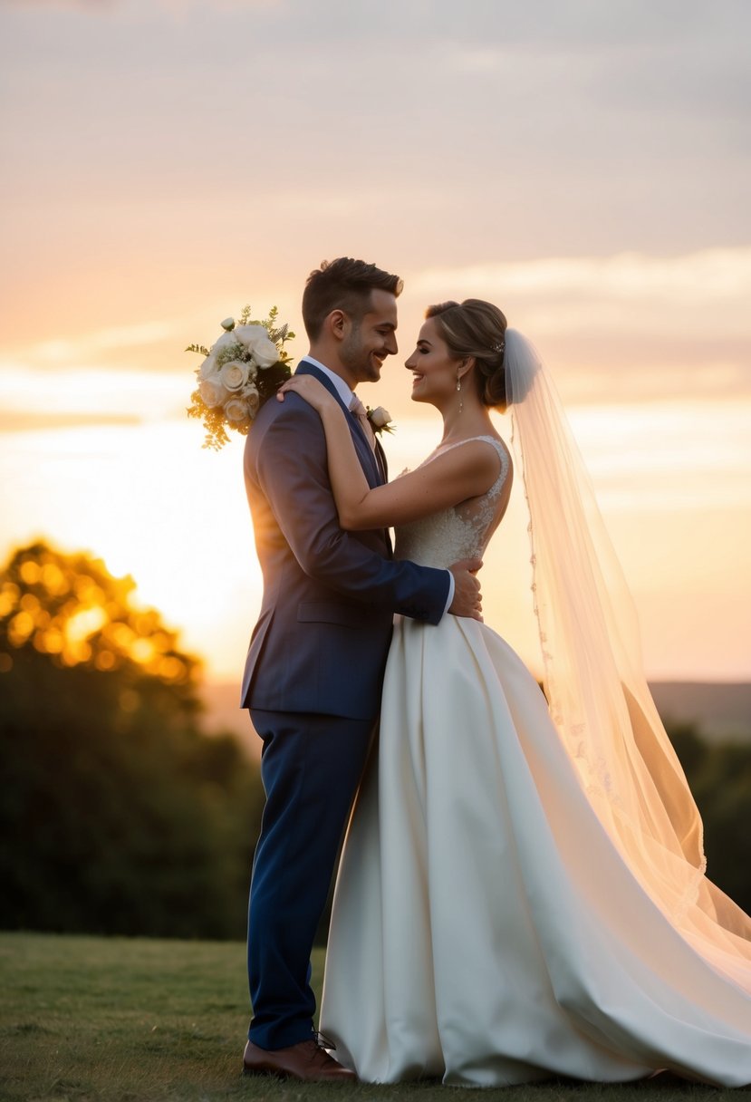 A bride and groom stand facing each other in soft, golden light, with the sun setting behind them. They are posed in a classic and romantic embrace, with the bride's veil gently blowing in the breeze