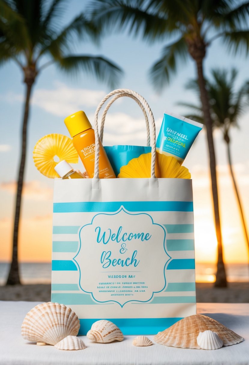 A beach-themed wedding welcome bag with seashells, sunscreen, and a tropical drink, set against a backdrop of palm trees and a sunset