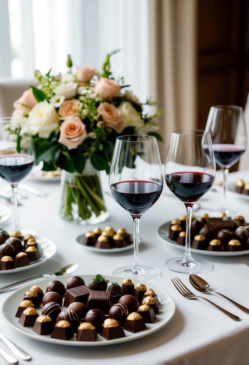 A table set with an array of gourmet chocolates, accompanied by wine glasses and a bouquet of flowers, creating a romantic and luxurious atmosphere for a wedding anniversary celebration