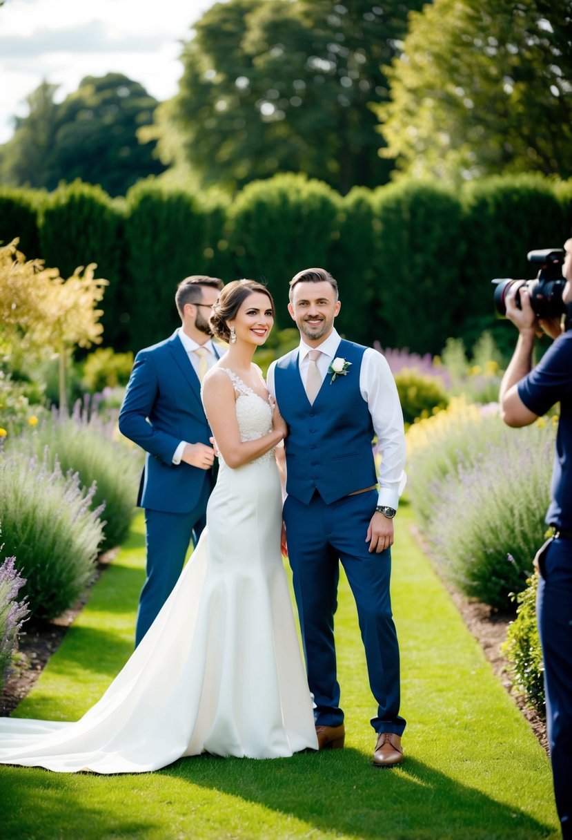 A bride and groom stand in a garden, trying different poses. The photographer moves around them, capturing the variety of angles