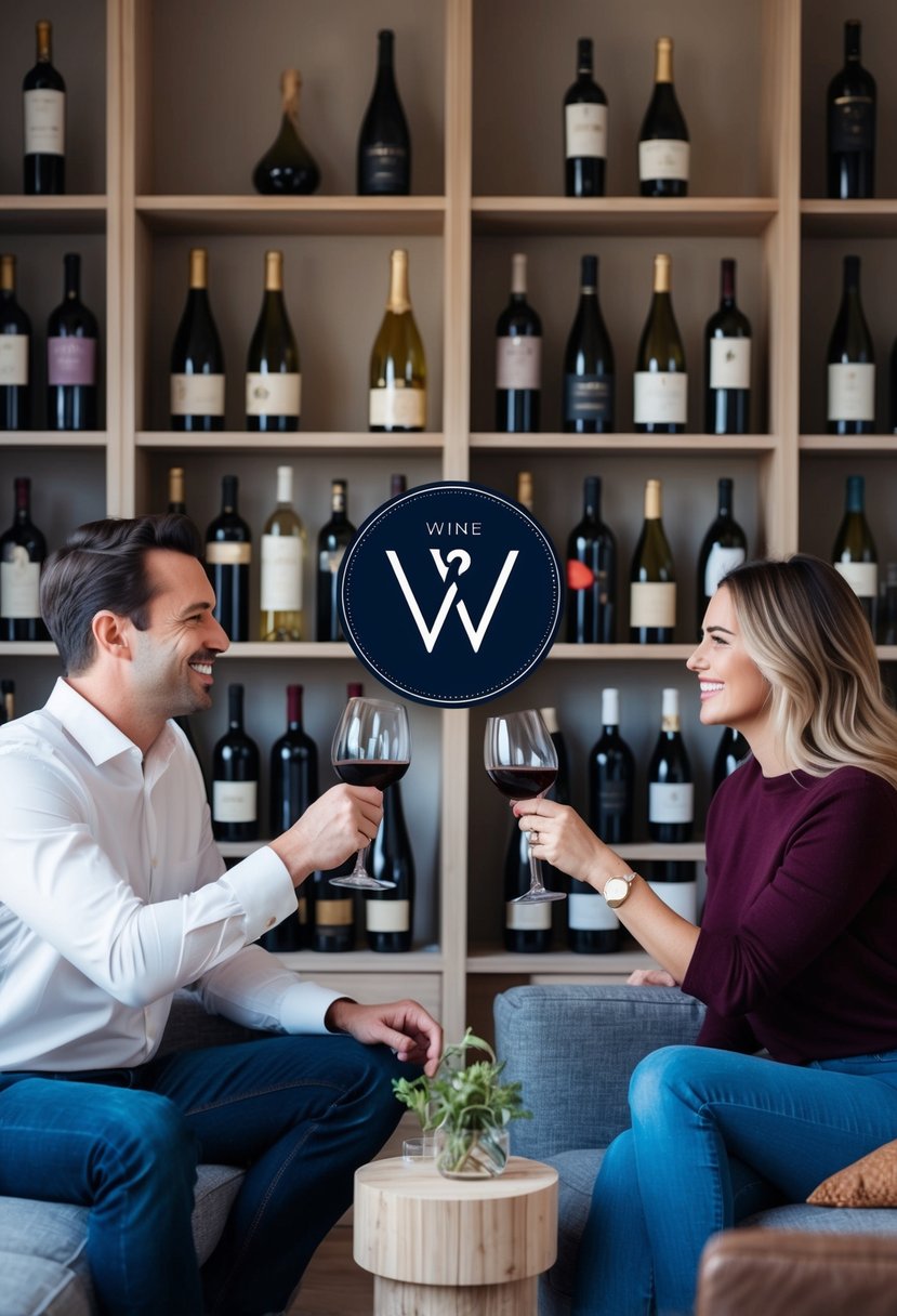 A cozy living room with a couple toasting with wine glasses, surrounded by shelves of various wine bottles and a sleek wine subscription service logo displayed prominently