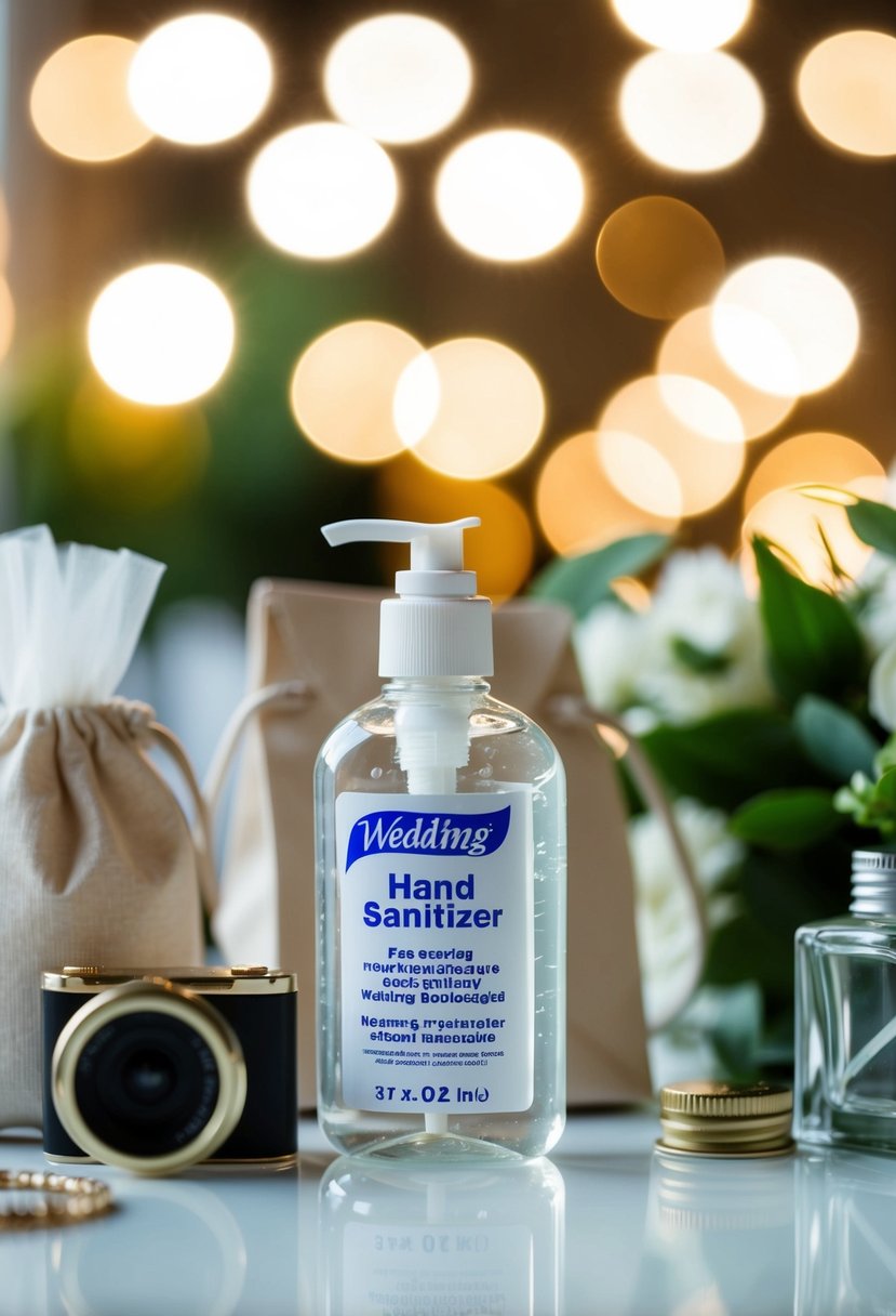 A small bottle of hand sanitizer sits among wedding welcome bag items