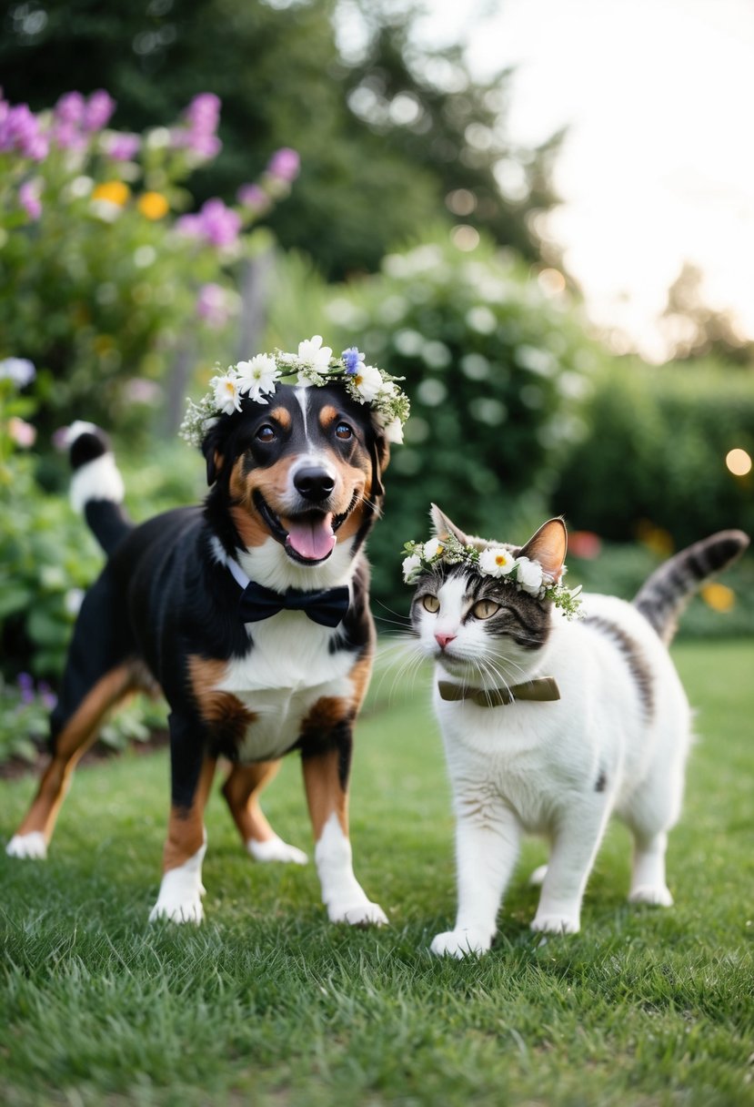 A dog and a cat playfully interact in a garden, posing for a wedding with a flower crown and bow tie