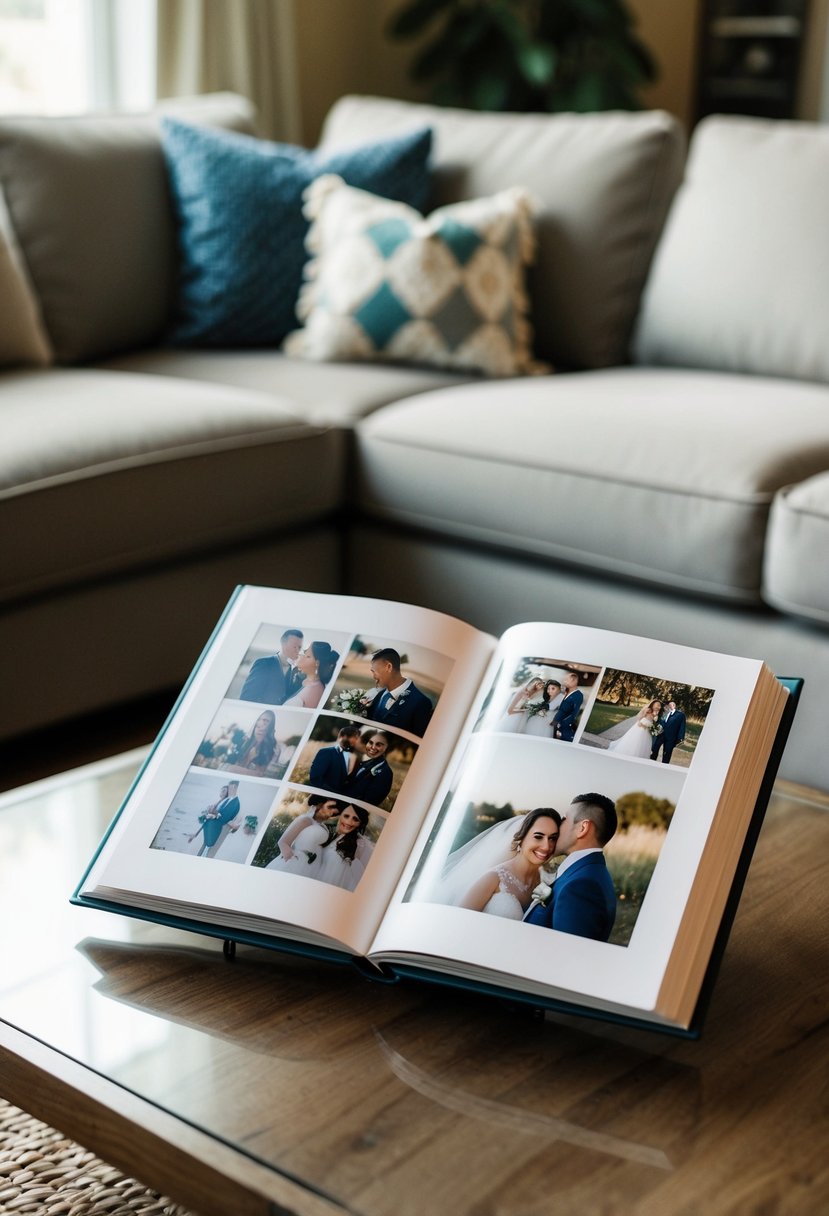 A cozy living room with a coffee table displaying a personalized photo book open to a page filled with cherished wedding memories