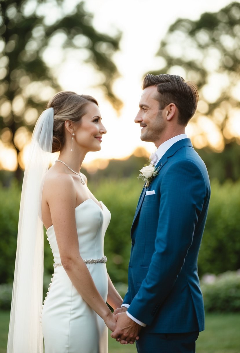 A bride and groom stand facing each other, holding hands and gazing into each other's eyes with a serene and loving expression