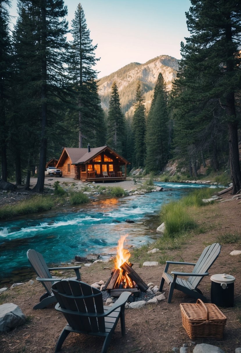 A cozy cabin nestled in the mountains, surrounded by tall pine trees and a clear, flowing river. A campfire burns in the foreground, with two chairs and a picnic basket nearby