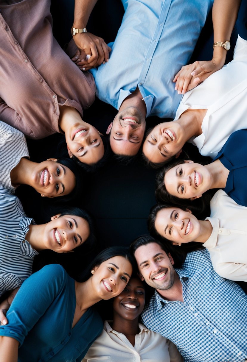 A group of loved ones gather in a circle, smiling and embracing each other. They pose naturally, radiating happiness and love