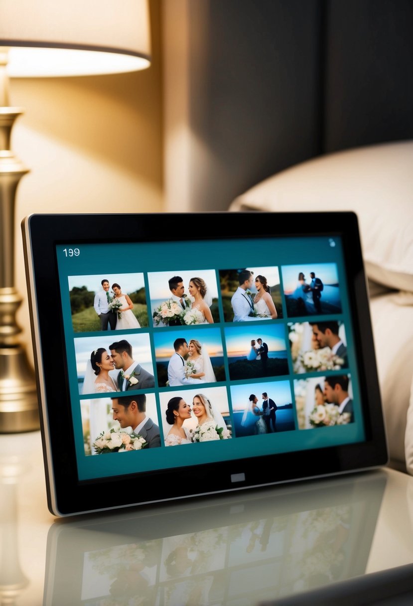 A digital frame sits on a bedside table, displaying a slideshow of photos from a couple's wedding anniversary. The soft glow illuminates the room, creating a warm and nostalgic atmosphere