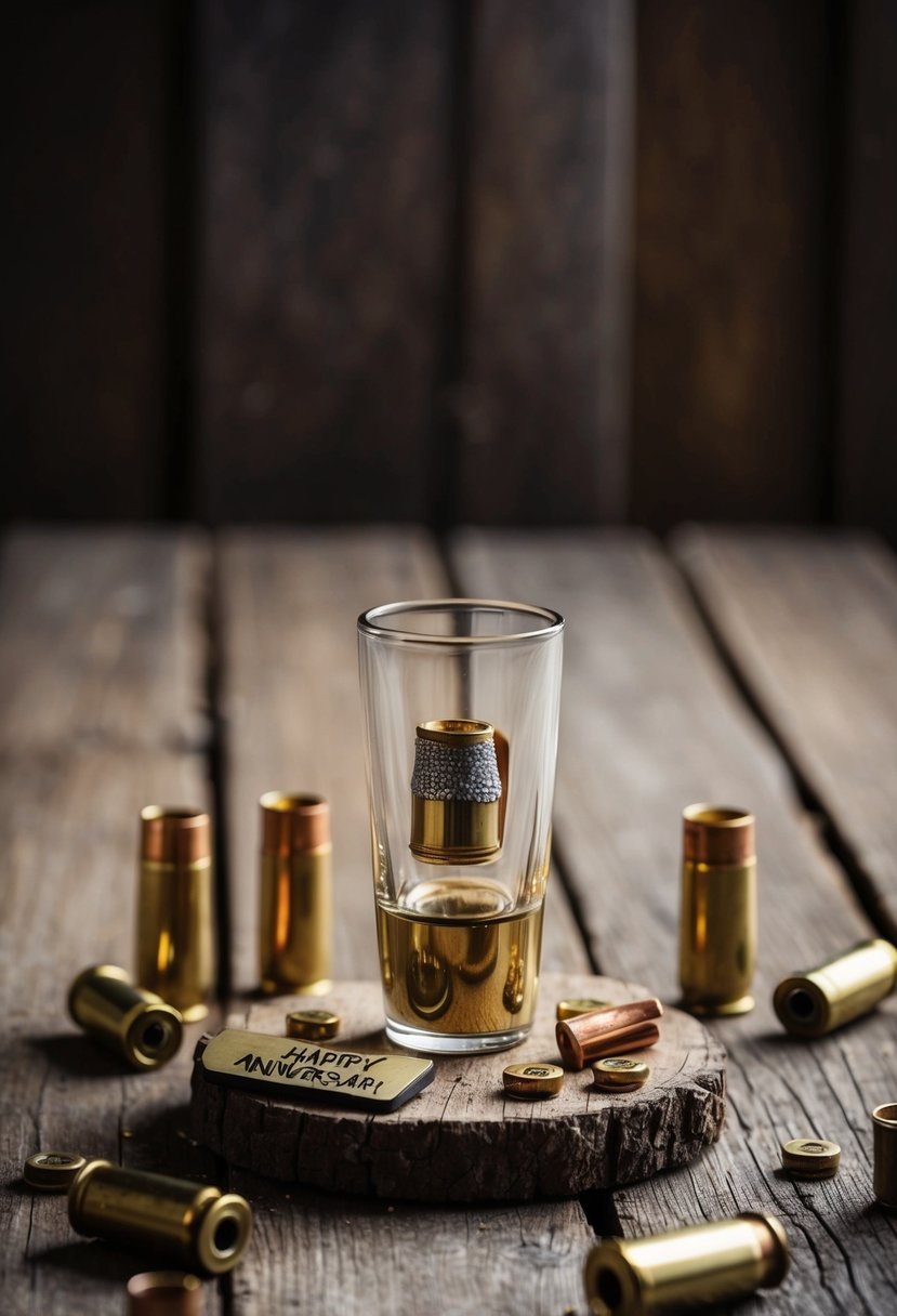 A bullet embedded shot glass sits on a rustic wooden table, surrounded by scattered bullet casings. A small plaque reads "Happy Anniversary" nearby