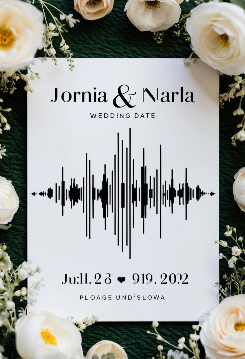 A couple's initials and wedding date are transformed into a unique soundwave pattern, surrounded by delicate floral accents