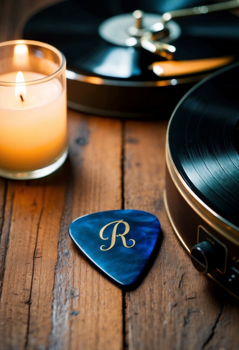 A handcrafted guitar pick with engraved initials sits on a rustic wooden table, surrounded by soft candlelight and a vintage record player