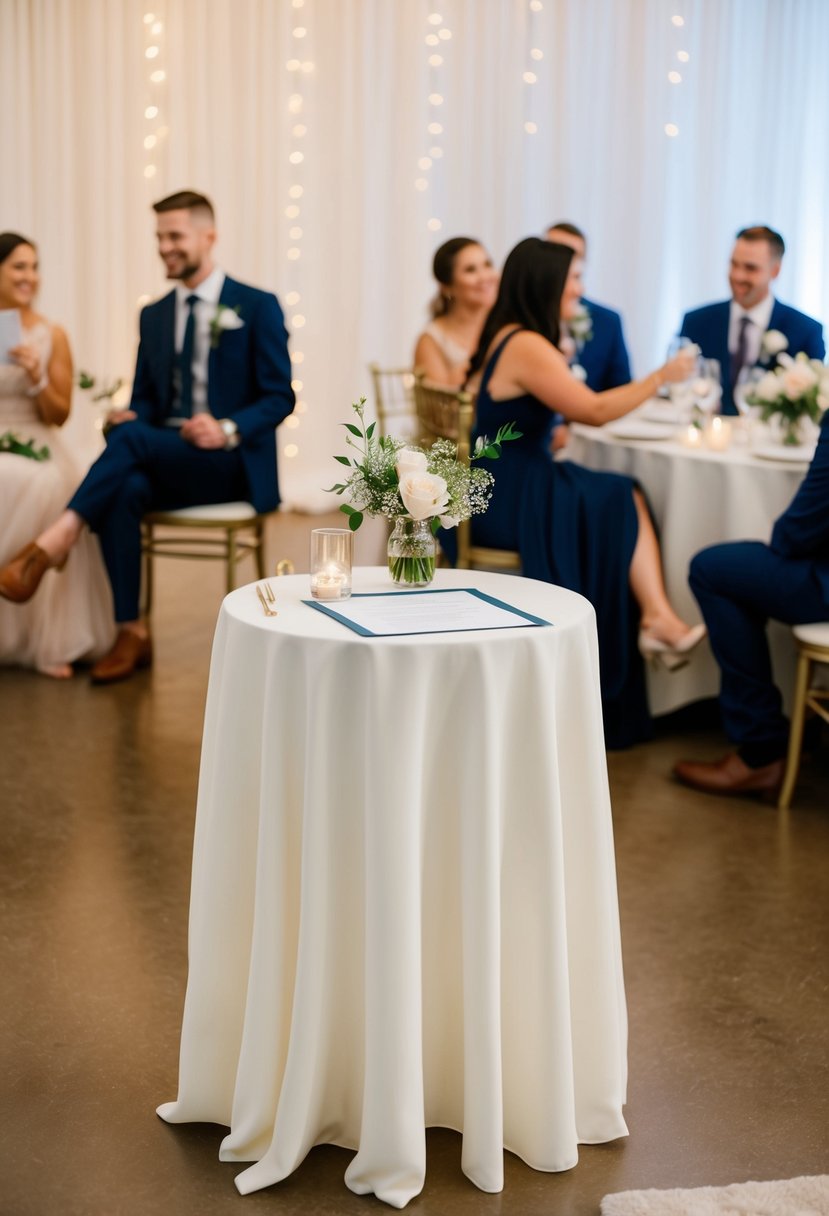 A simple, elegant reception set up with a small table for signing the marriage certificate, and a cozy seating area for guests to celebrate