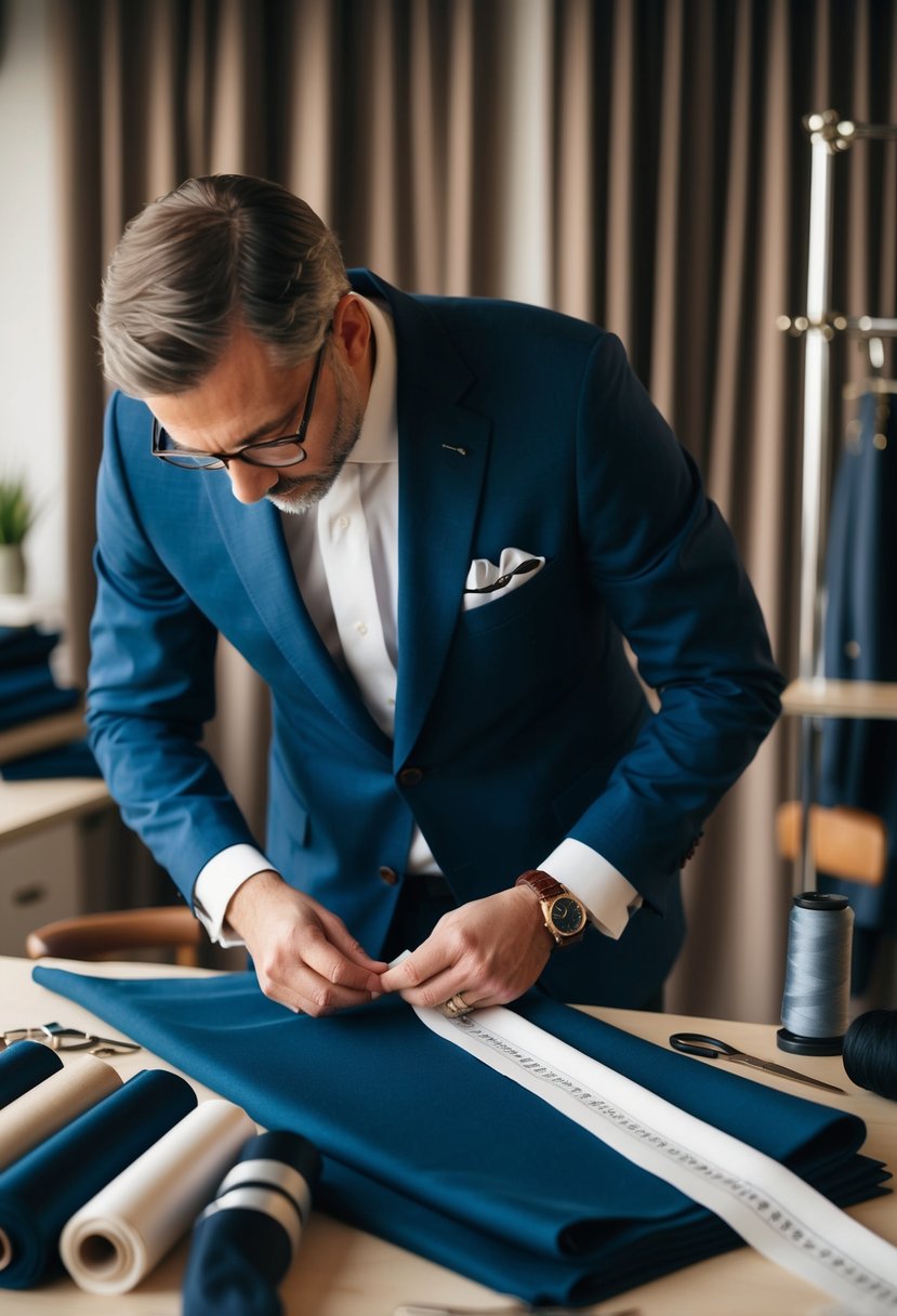 A tailor carefully measures fabric for a bespoke suit, surrounded by rolls of luxurious cloth and sewing tools