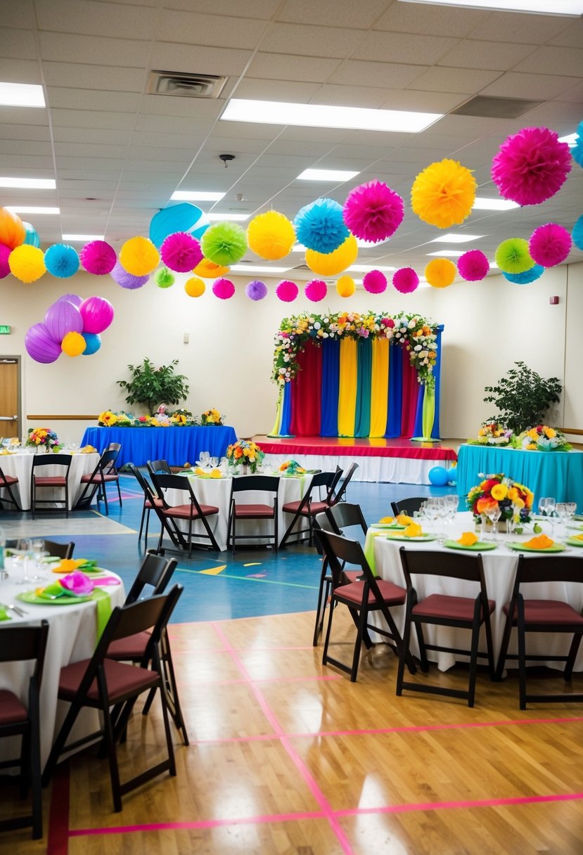 A festive community center with colorful decorations and tables set up for a reception. A small stage is adorned with flowers and a dance floor awaits guests