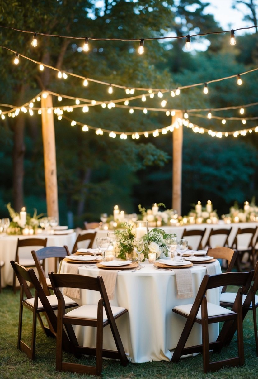 A cozy outdoor reception with string lights, rustic decor, and personalized touches reflecting the couple's love for nature and vintage charm