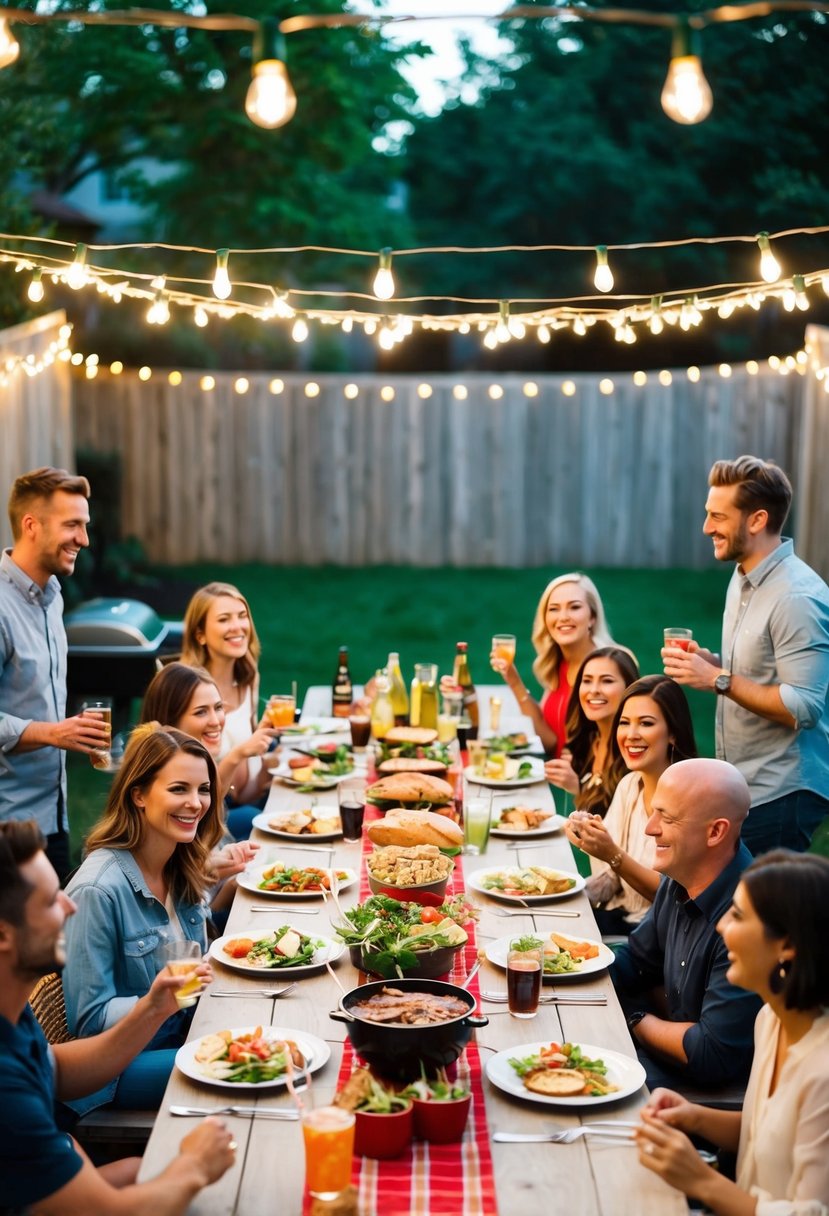 A backyard BBQ with festive decorations, string lights, and a long table filled with food and drinks. Close friends gather around, laughing and enjoying the celebration