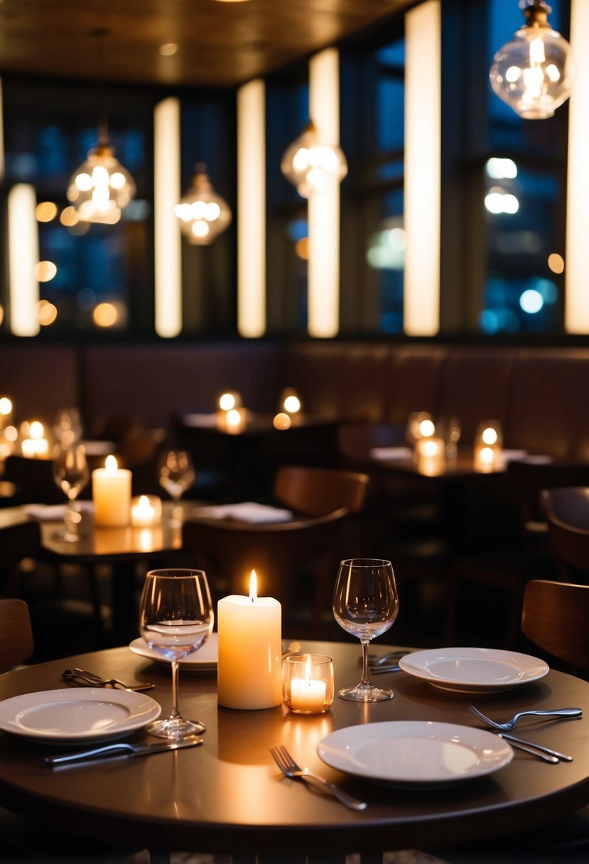 A dimly lit restaurant with soft candlelight, small intimate tables, and cozy seating arrangements