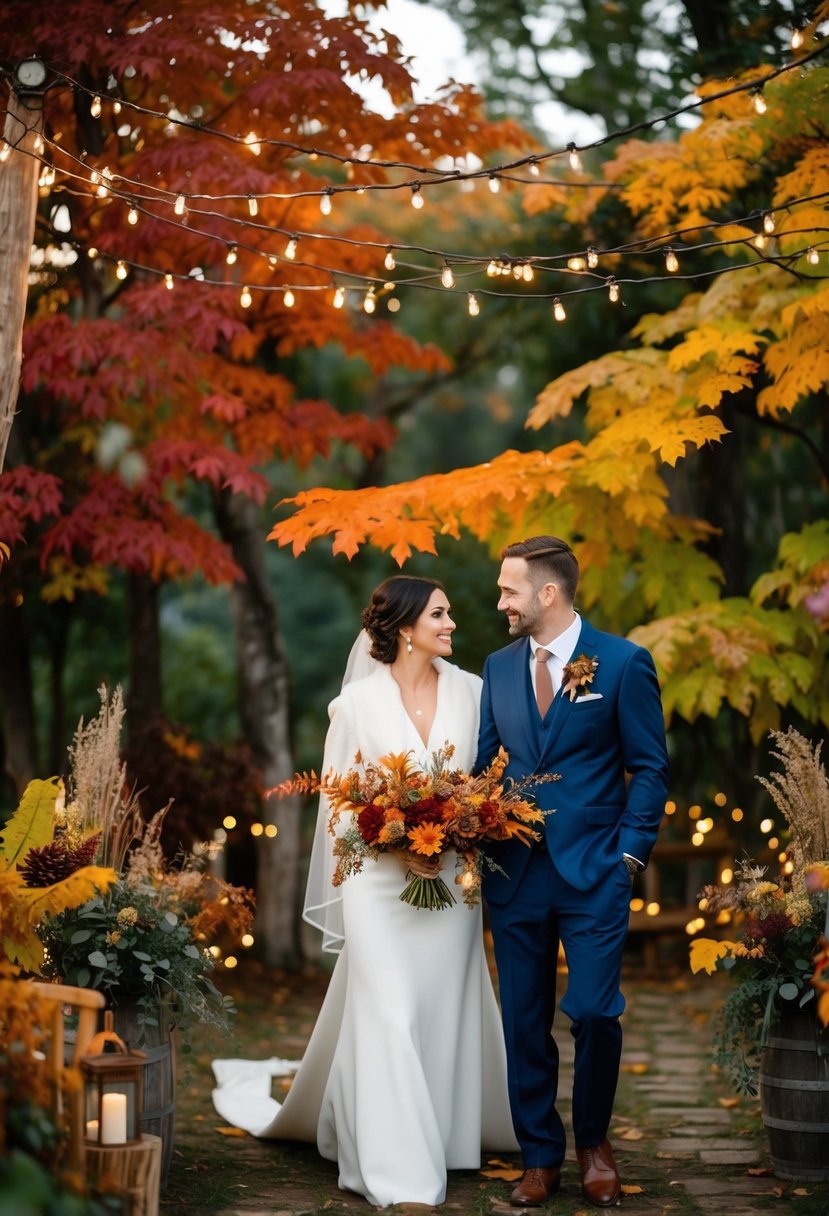 A cozy autumn wedding with richly colored foliage, twinkling lights, and rustic decor