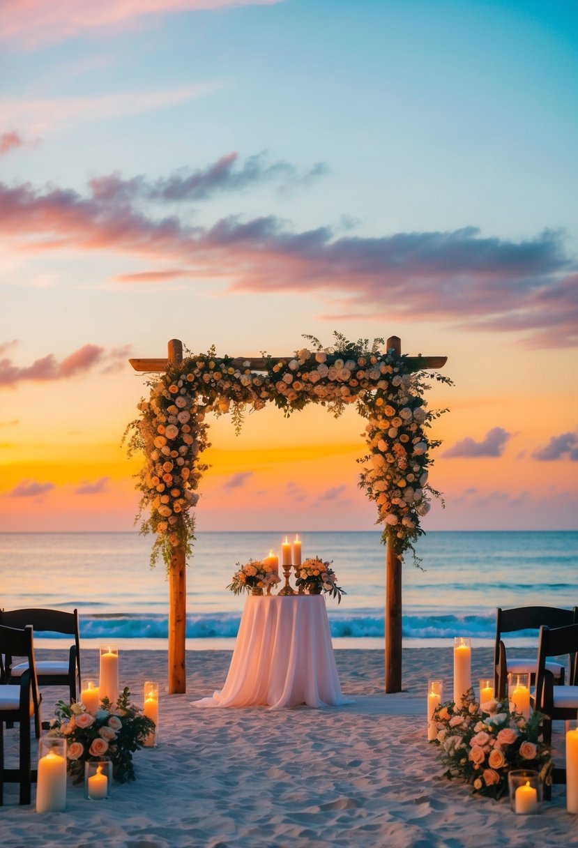 A serene beach with a vibrant sunset, casting a warm glow on a wedding altar adorned with flowers and candles