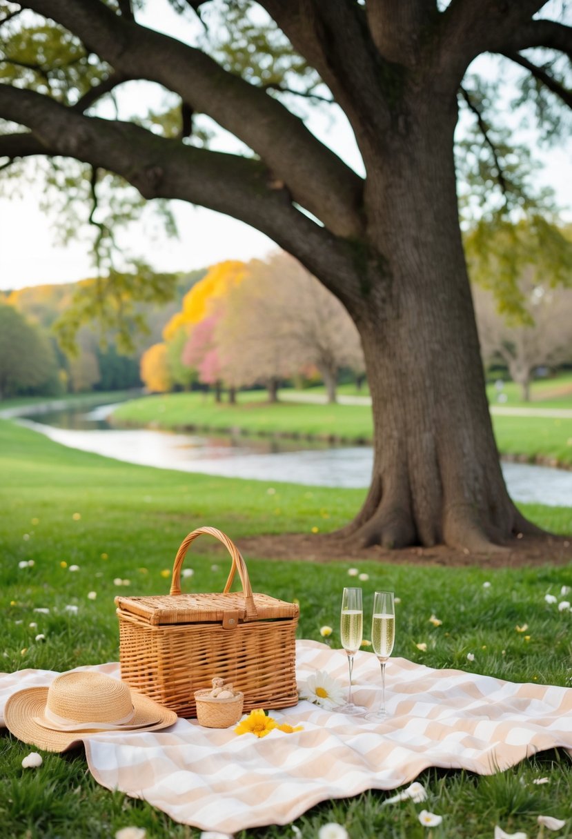 A picnic blanket spread under a large oak tree, with a wicker basket, champagne glasses, and scattered flower petals. In the background, a serene park with a winding river and colorful foliage