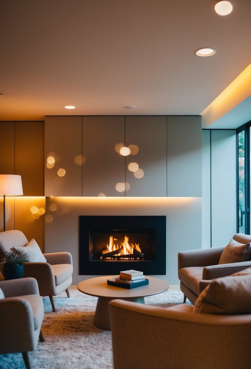 A warm and inviting indoor space with soft lighting, comfortable seating, and a crackling fireplace