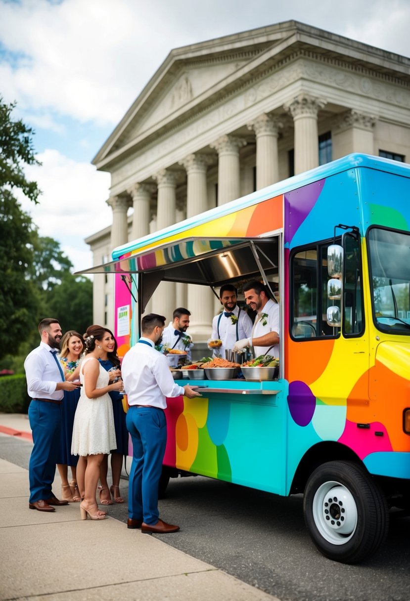 A colorful food truck parked outside a courthouse, serving a variety of delicious dishes to a group of casually dressed wedding guests