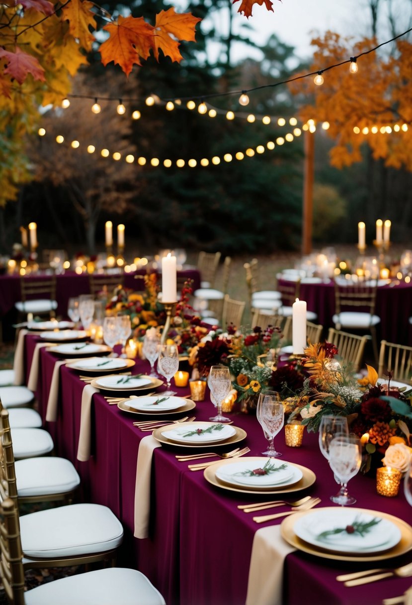 A cozy outdoor wedding reception with tables adorned in rich burgundy and gold decor, surrounded by autumn foliage and warm candlelight