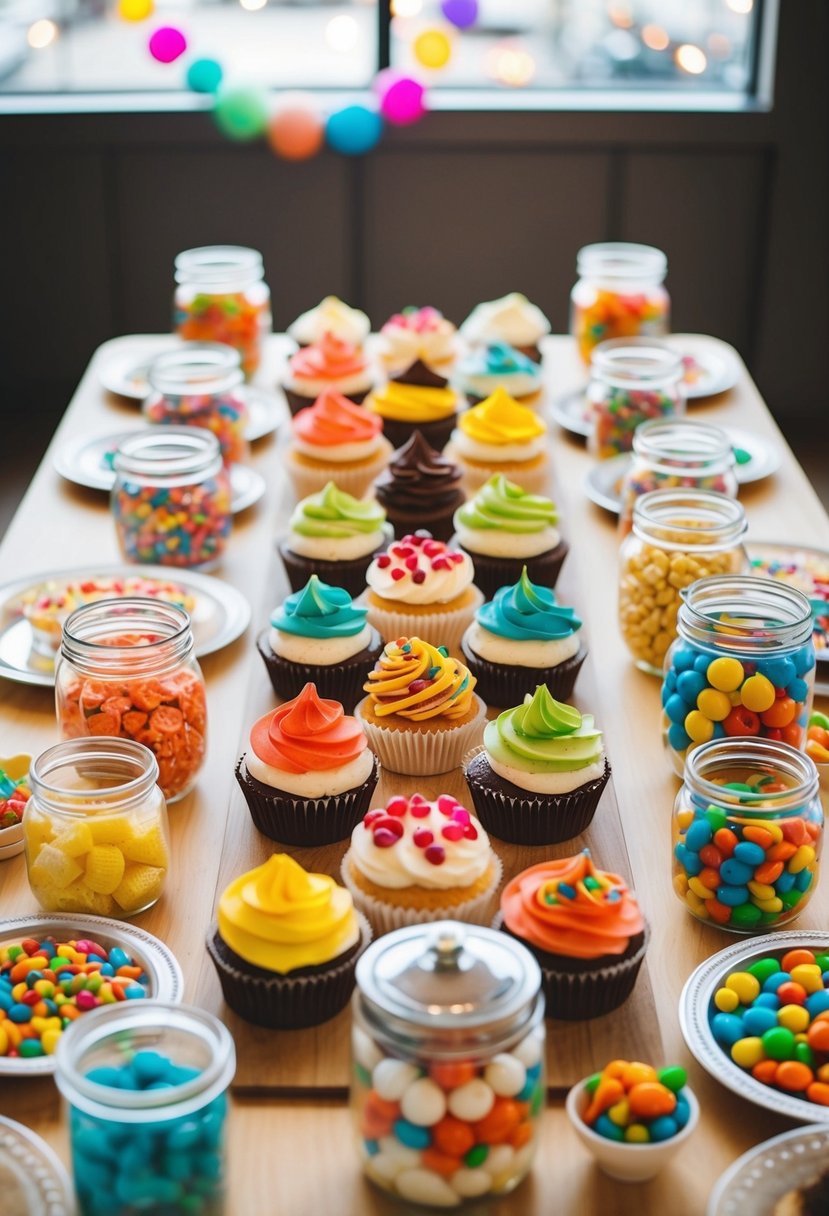 A table adorned with an array of colorful desserts and toppings, surrounded by jars of candies and sweets, set up for a casual and joyful celebration