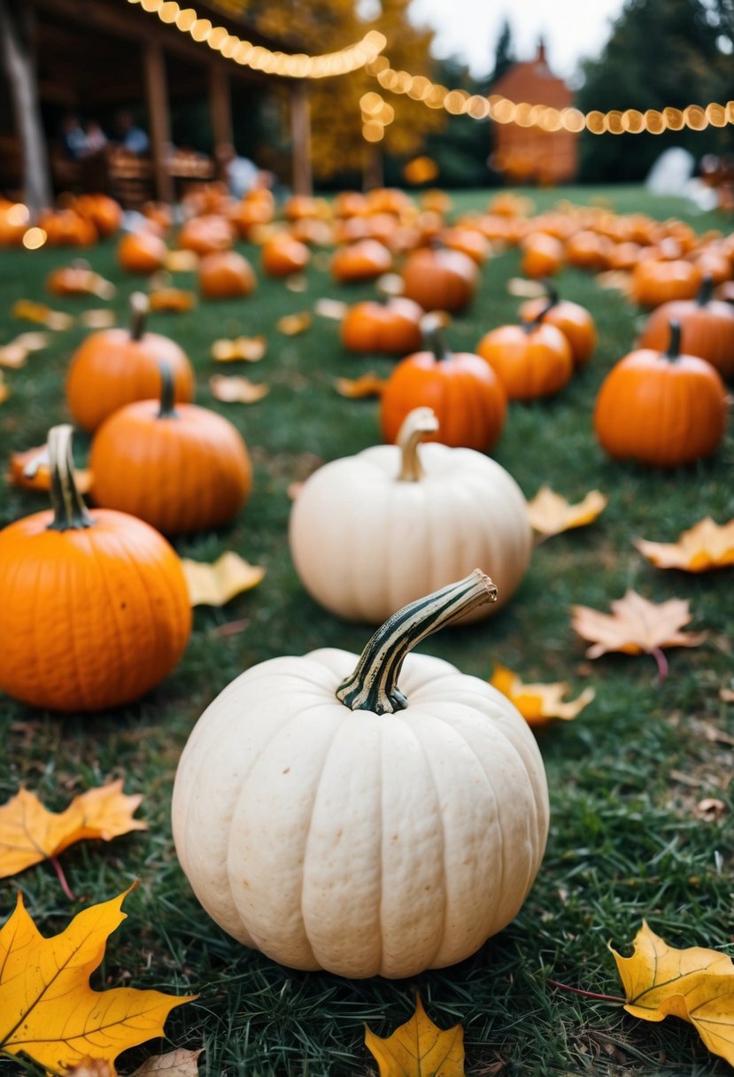 A rustic outdoor wedding scene with pumpkins and autumn leaves scattered around the venue, creating a cozy and festive atmosphere