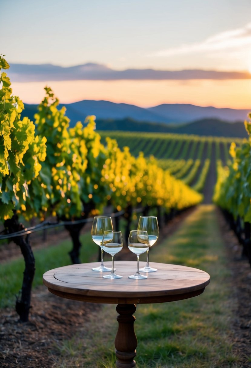 A serene vineyard setting with rows of grapevines, a rustic wooden tasting table, and elegant wine glasses set against a backdrop of rolling hills and a picturesque sunset