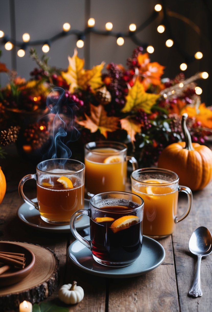 A cozy November wedding scene with steaming mugs of hot cider and mulled wine served on a rustic wooden table adorned with autumn foliage and twinkling fairy lights