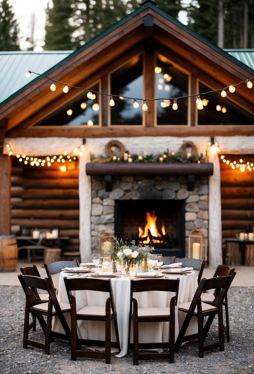 A cozy lodge with string lights, a fireplace, and rustic decor, set up for a small reception gathering after a courthouse wedding