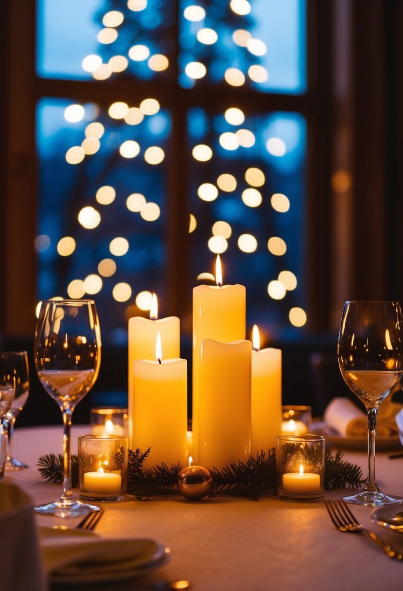 Soft candlelight illuminates a cozy November wedding scene, casting warm, intimate glows on tables and creating a romantic ambiance