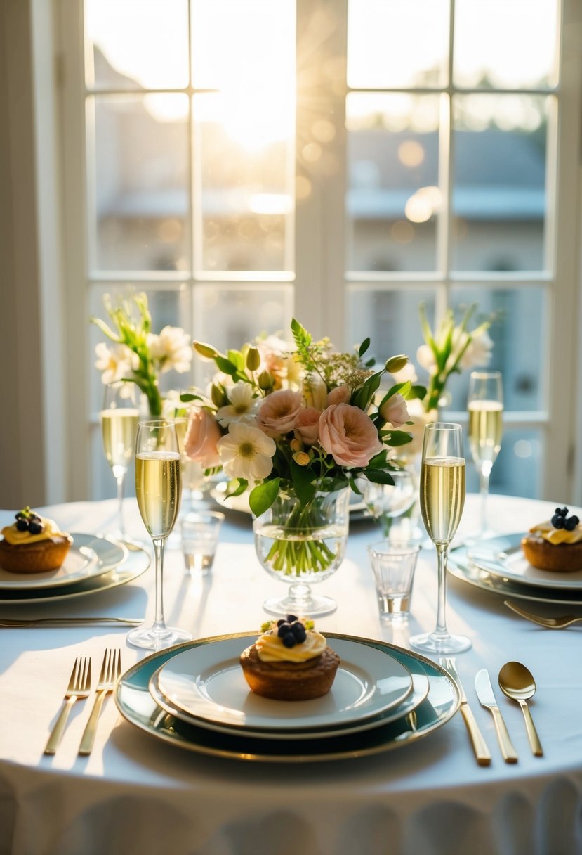 A table set with elegant brunch dishes, champagne flutes, and fresh flowers. Sunlight streams through the window, casting a warm glow over the scene