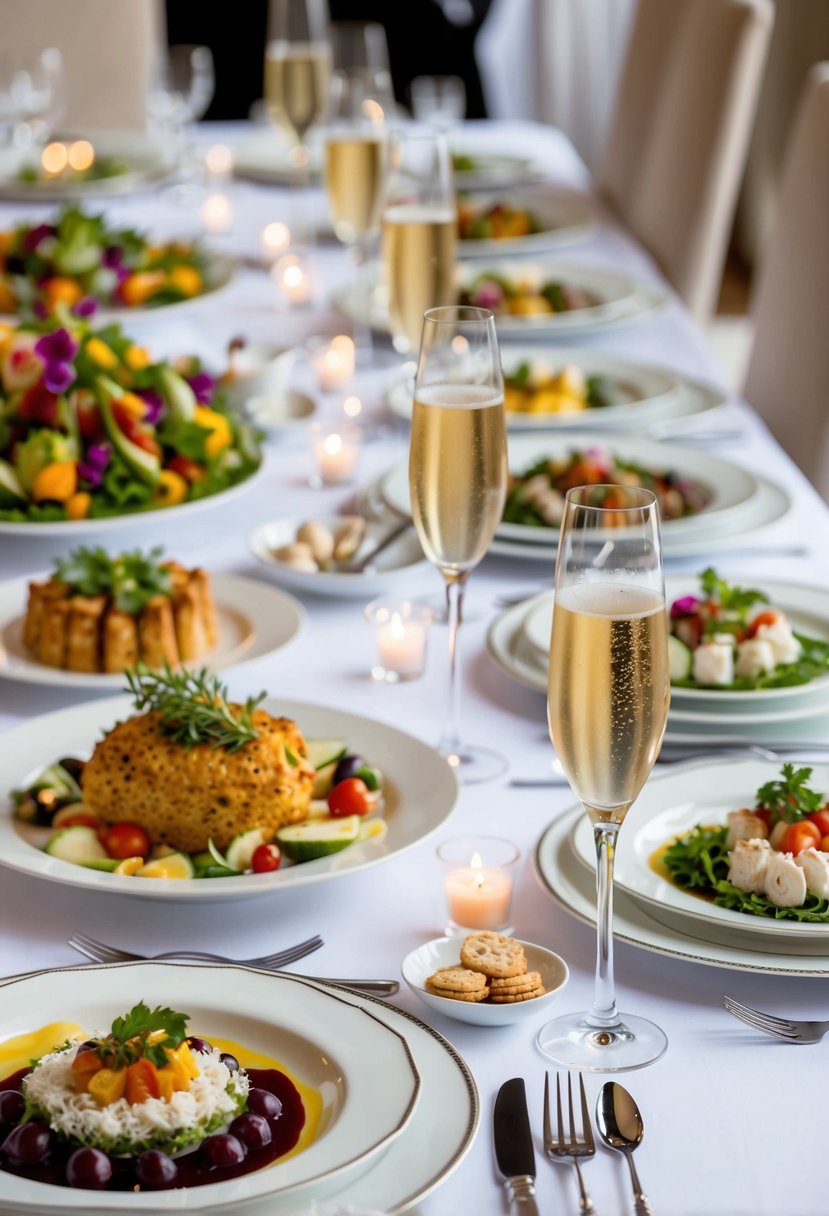 A beautifully decorated dining table with elegant place settings, a variety of delicious catered dishes, and champagne glasses ready to toast