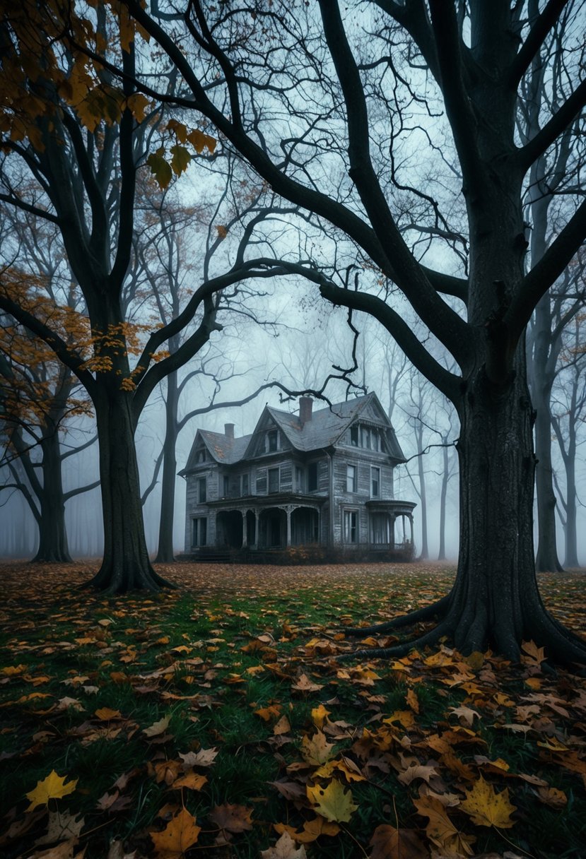 An eerie, misty forest with gnarled trees and a dilapidated mansion in the background, surrounded by swirling autumn leaves