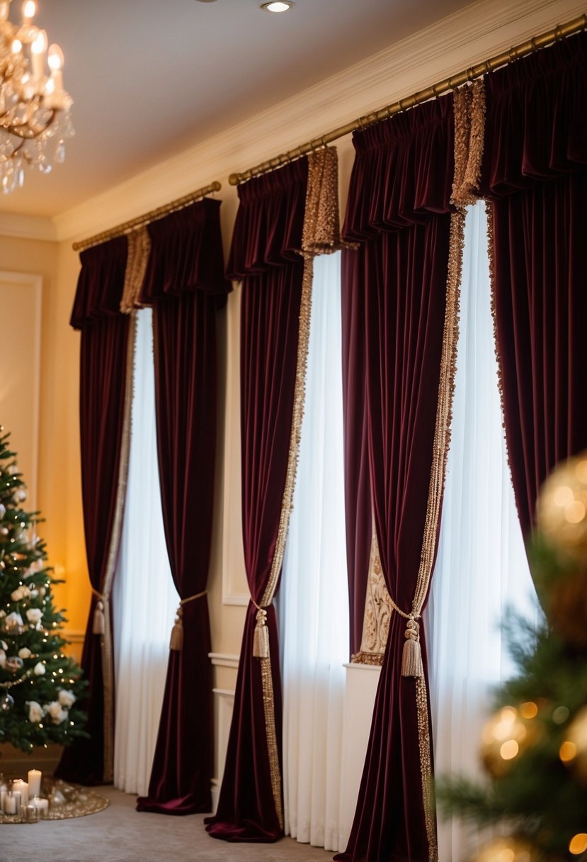 Rich velvet drapes hang in a cozy November wedding setting, adding warmth and texture to the decor