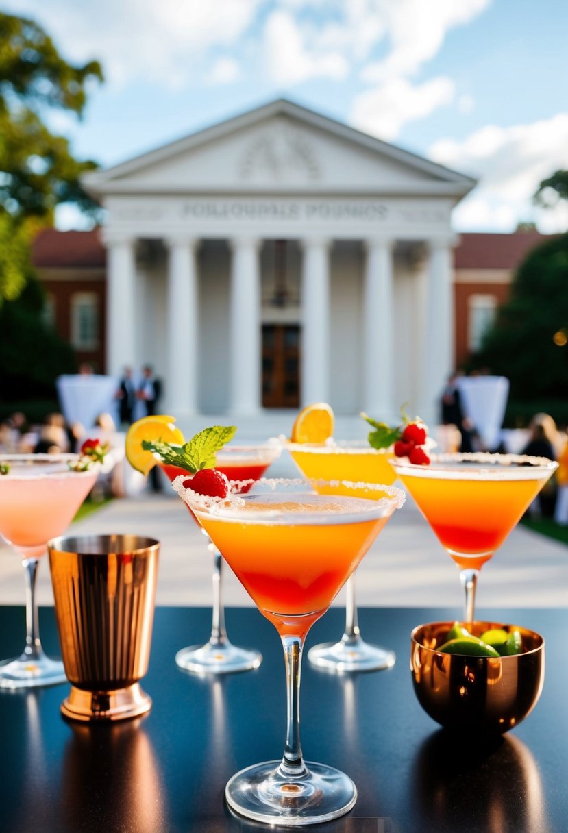 A stylish cocktail party with unique custom drinks, set against a backdrop of a courthouse wedding celebration