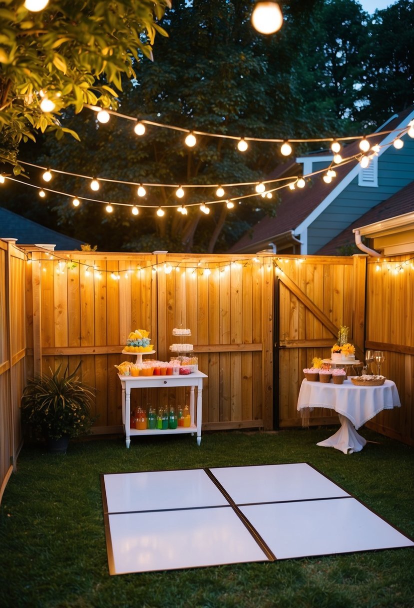 A cozy backyard with twinkling lights, a small dance floor, and a table with a colorful array of refreshments for a post-courthouse wedding dance party