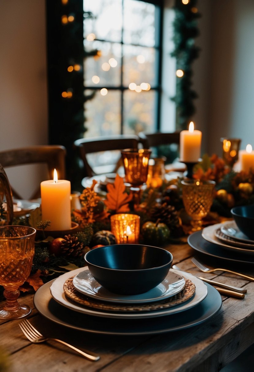 A rustic table set with autumnal dishes and foliage, surrounded by warm candlelight and seasonal decor