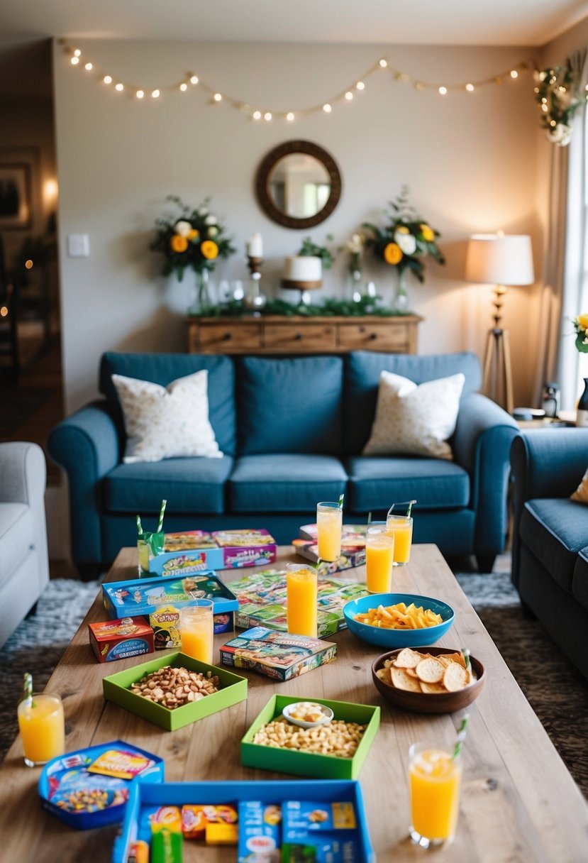 A cozy living room with a table filled with board games, snacks, and drinks. Decorations in the background hint at a recent wedding celebration