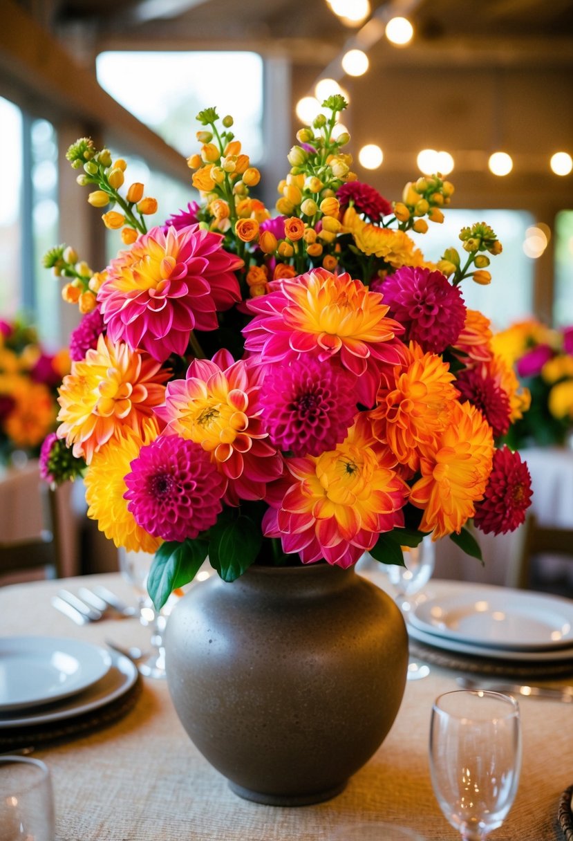 Vibrant dahlias and chrysanthemums arranged in a rustic vase for a November wedding centerpiece