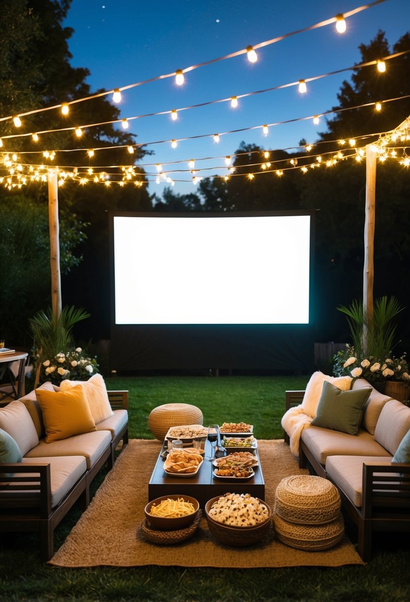 A cozy outdoor setting with a large screen, twinkling string lights, comfortable seating, and a spread of snacks and drinks for a movie night under the stars reception