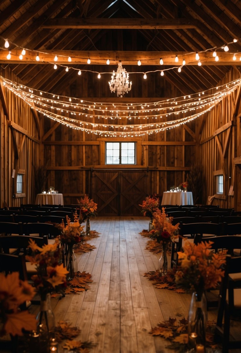 A cozy barn adorned with warm string lights, rustic wooden beams, and autumnal foliage for a down-to-earth November wedding