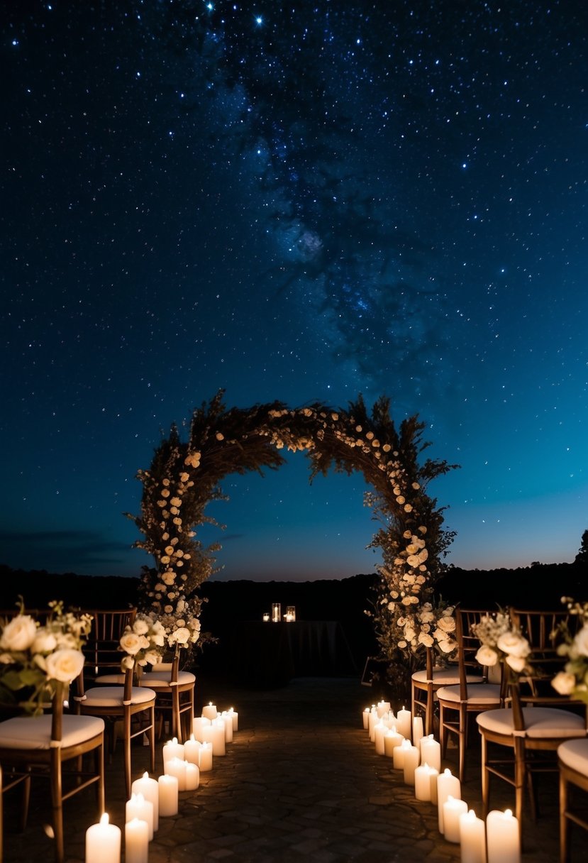 A dark sky filled with twinkling stars overlooks a serene outdoor setting, adorned with soft candlelight and delicate floral arrangements, creating a romantic atmosphere for a nighttime wedding ceremony in November