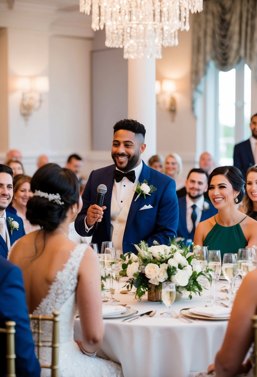 A best friend giving a heartfelt wedding speech, surrounded by smiling guests and a beautifully decorated venue