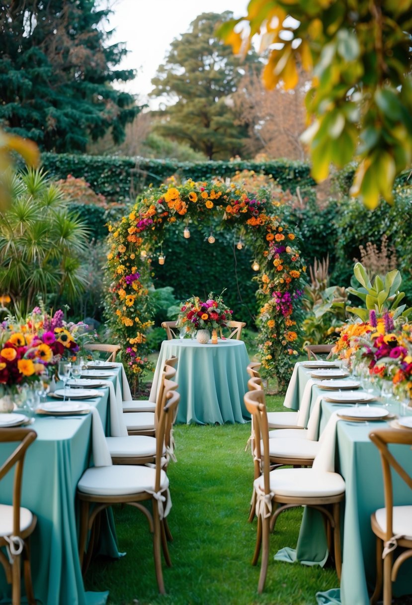 A serene garden with vibrant, rented florals adorning tables and archways, creating a sustainable and stress-reducing atmosphere for a November wedding