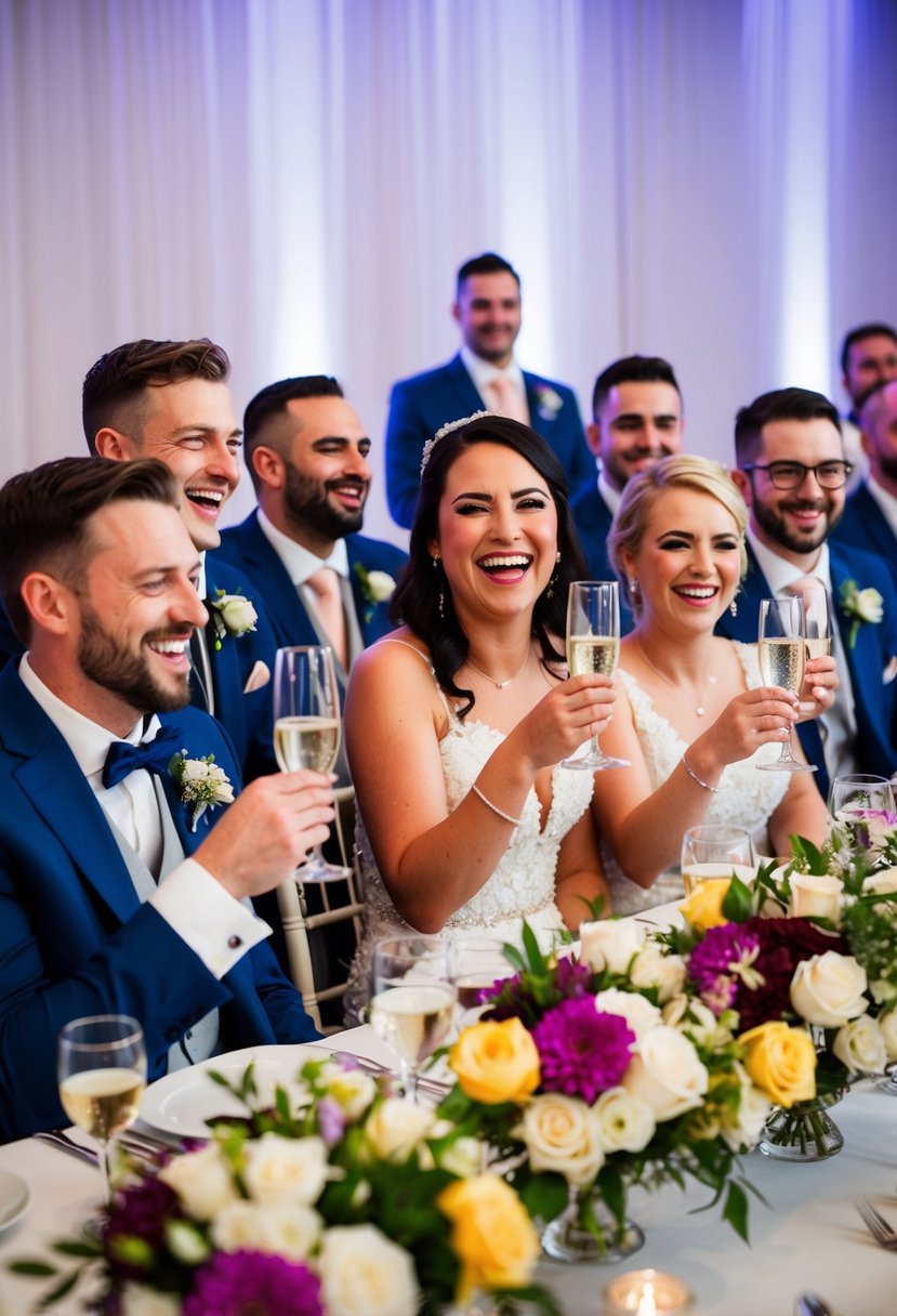 Guests laughing at best friend's wedding speech. Bride and groom smiling. Toast glasses raised. Floral centerpieces on tables. Vibrant atmosphere