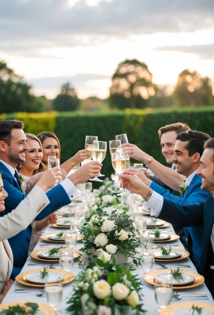 A group of friends gathered around a beautifully decorated table, raising their glasses in a toast to celebrate the love and friendship of the newlyweds